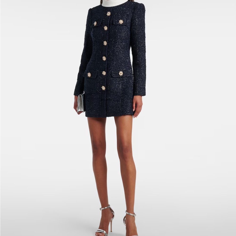SELF-PORTRAIT NAVY BOUCLE LONG SLEEVE MINI DRESS